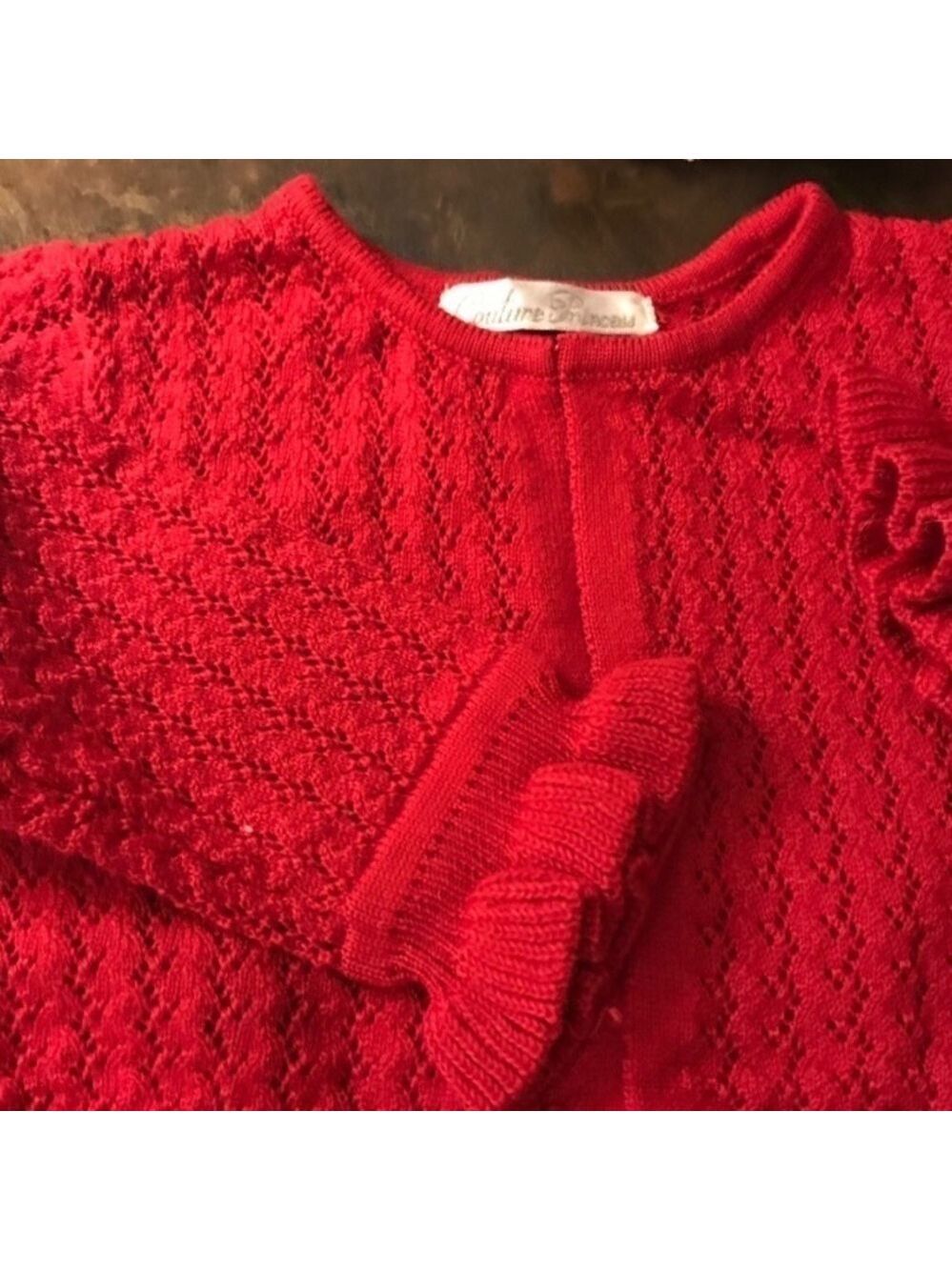 PRINCESS COUTURE red knit sweater 18 months crochet ruffle trim - Picture 2 of 4